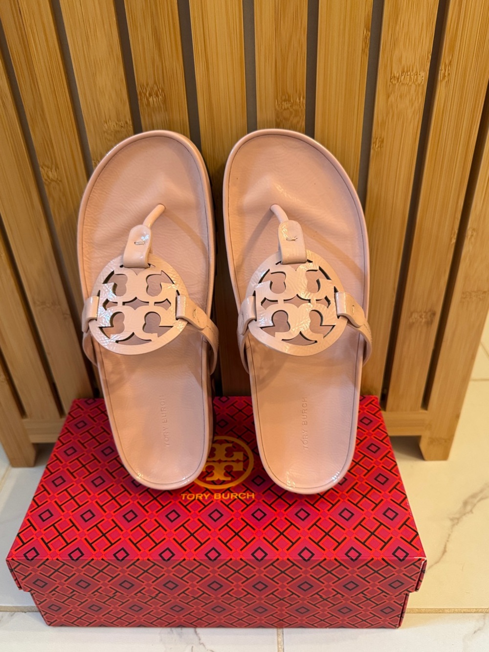 Tory Burch Blush Pink Miller Logo Leather Slide Sandals